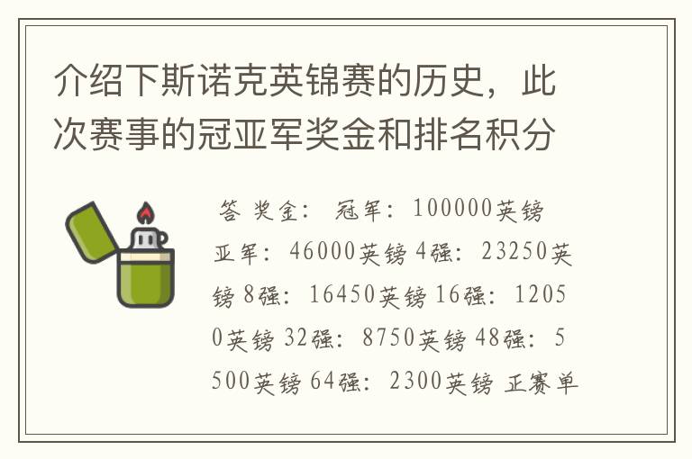 介绍下斯诺克英锦赛的历史,此次赛事的冠亚军奖金和排名积分各是多少?