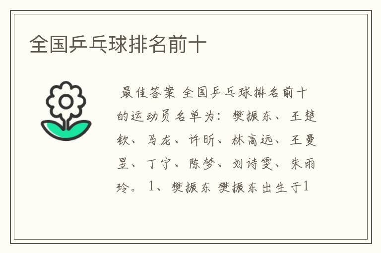 全国乒乓球排名前十