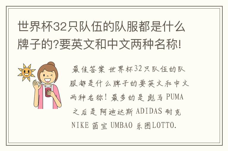 世界杯32只队伍的队服都是什么牌子的?要英文和中文两种名称!