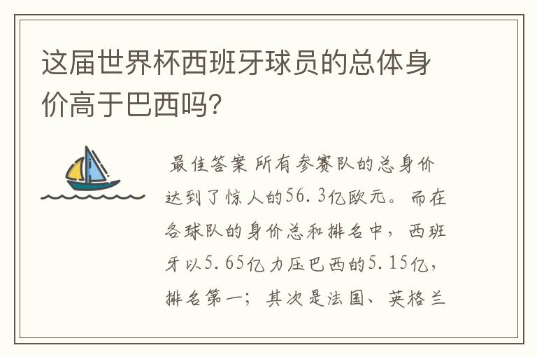 这届世界杯西班牙球员的总体身价高于巴西吗?