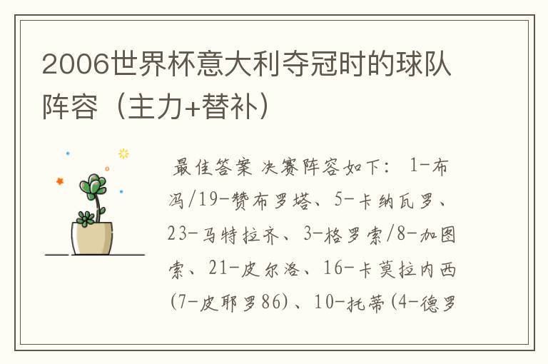 2006世界杯意大利夺冠时的球队阵容(主力+替补)