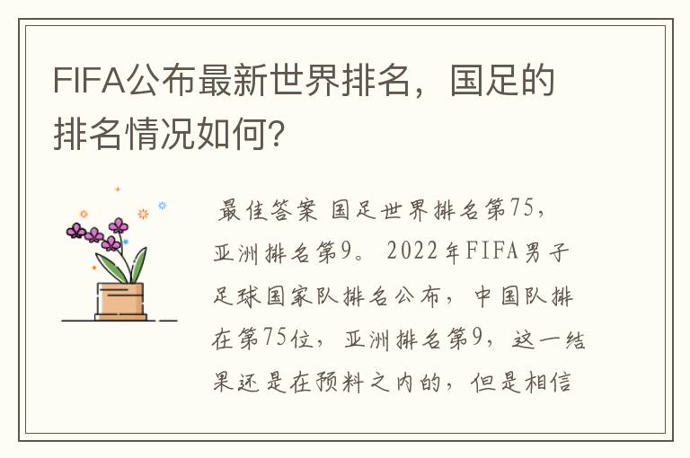 FIFA公布最新世界排名,国足的排名情况如何?