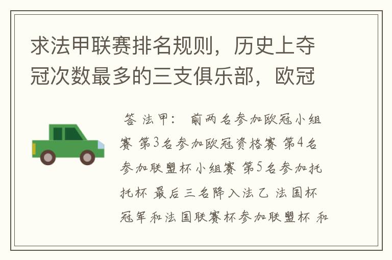 求法甲联赛排名规则,历史上夺冠次数最多的三支俱乐部,欧冠晋级球队数及最近三年最佳射手。