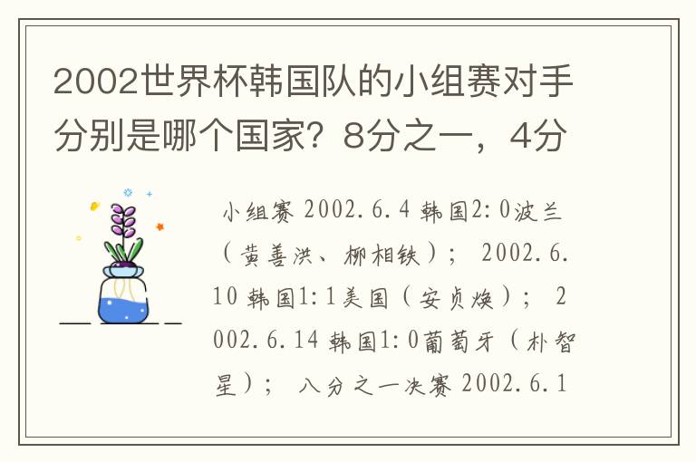 2002世界杯韩国队的小组赛对手分别是哪个国家?8分之一,4分之一,半决赛决赛呢?比分分别是