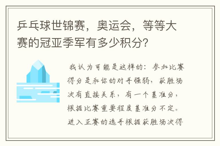 乒乓球世锦赛,奥运会,等等大赛的冠亚季军有多少积分?