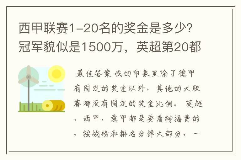 西甲联赛1-20名的奖金是多少?冠军貌似是1500万,英超第20都是4000万呀!