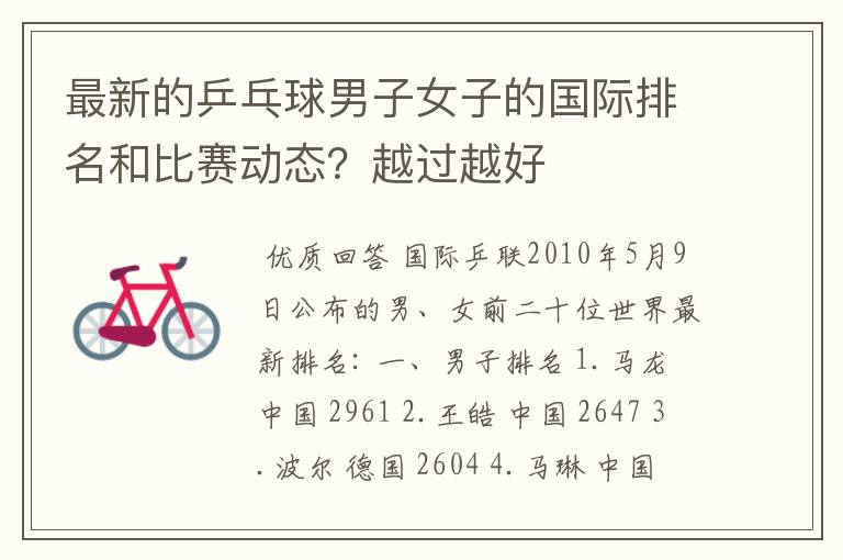 最新的乒乓球男子女子的国际排名和比赛动态?越过越好