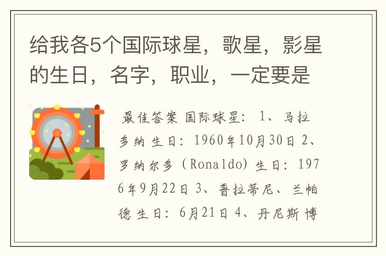 给我各5个国际球星,歌星,影星的生日,名字,职业,一定要是国际