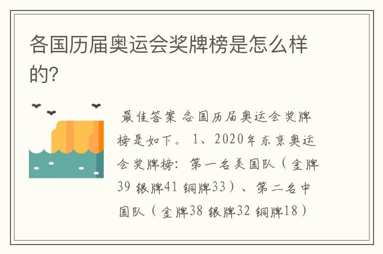 各国历届奥运会奖牌榜是怎么样的?