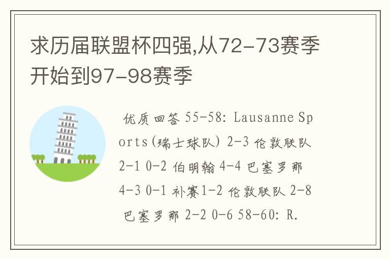 求历届联盟杯四强,从72-73赛季开始到97-98赛季
