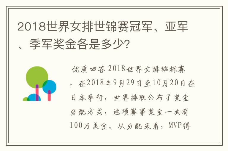 2018世界女排世锦赛冠军、亚军、季军奖金各是多少?