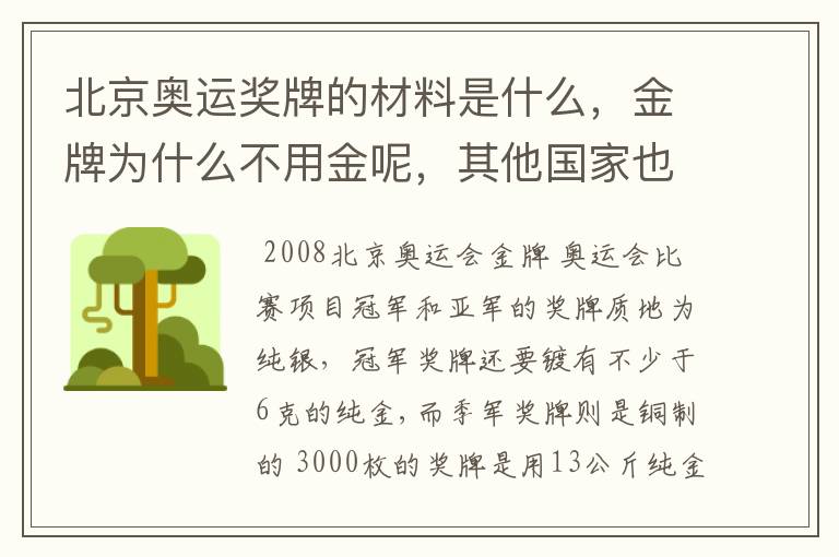 北京奥运奖牌的材料是什么,金牌为什么不用金呢,其他国家也不用金吗