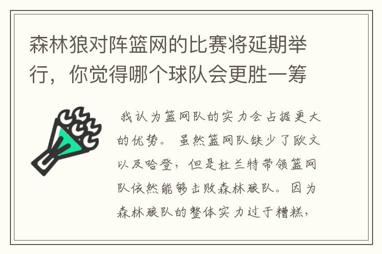 森林狼对阵篮网的比赛将延期举行,你觉得哪个球队会更胜一筹?