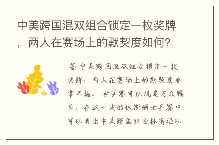 中美跨国混双组合锁定一枚奖牌,两人在赛场上的默契度如何?