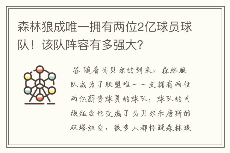 森林狼成唯一拥有两位2亿球员球队!该队阵容有多强大?