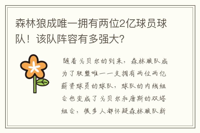 森林狼成唯一拥有两位2亿球员球队!该队阵容有多强大?