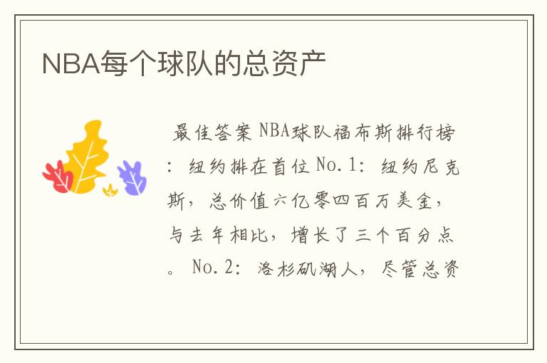 NBA每个球队的总资产