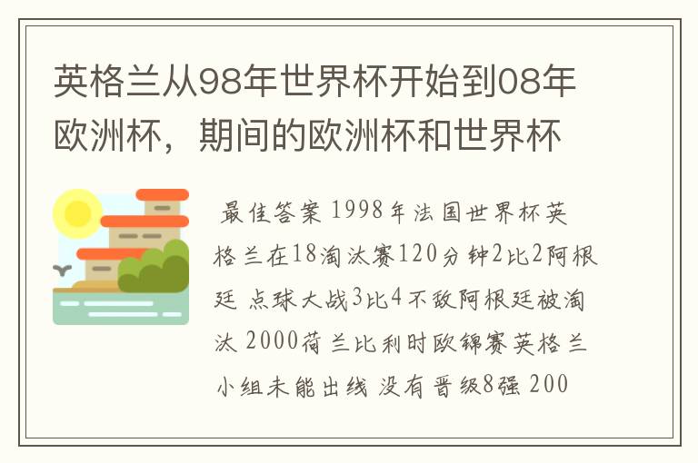 英格兰从98年世界杯开始到08年欧洲杯,期间的欧洲杯和世界杯分别被那些球队淘汰的?