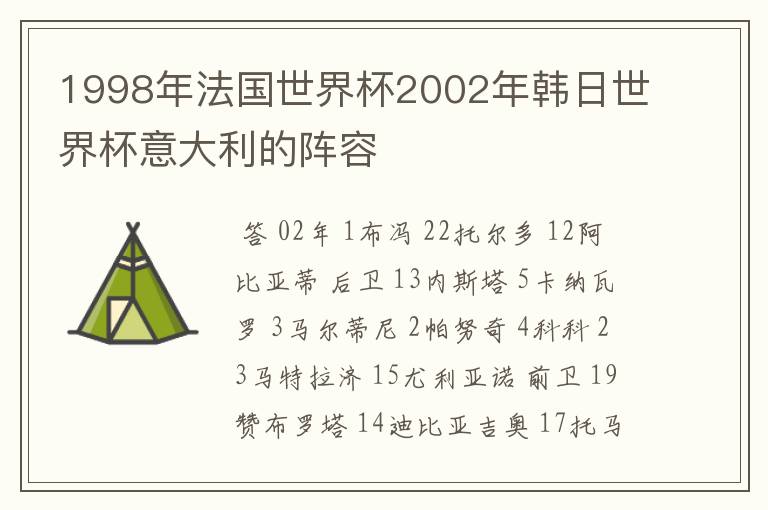 1998年法国世界杯2002年韩日世界杯意大利的阵容