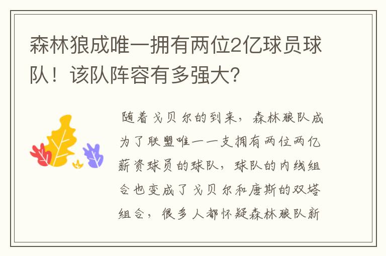 森林狼成唯一拥有两位2亿球员球队!该队阵容有多强大?
