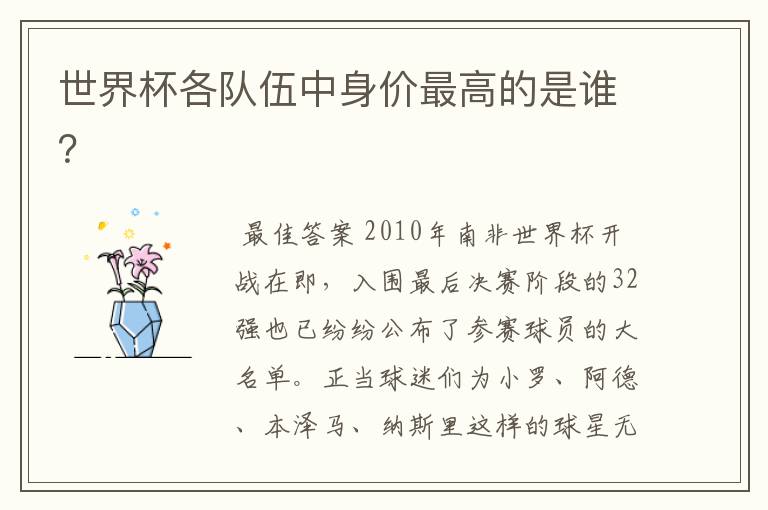 世界杯各队伍中身价最高的是谁?