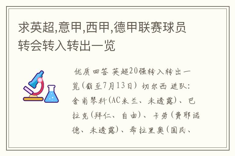 求英超,意甲,西甲,德甲联赛球员转会转入转出一览