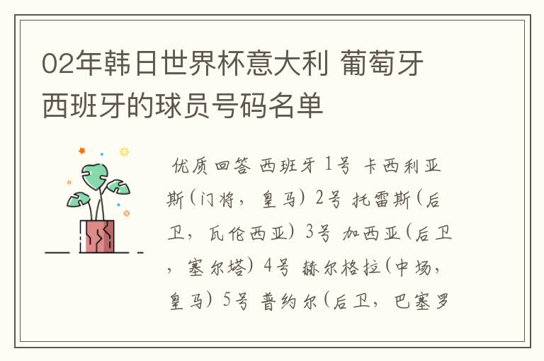 02年韩日世界杯意大利 葡萄牙 西班牙的球员号码名单