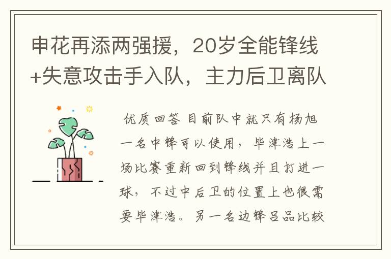 申花再添两强援,20岁全能锋线+失意攻击手入队,主力后卫离队