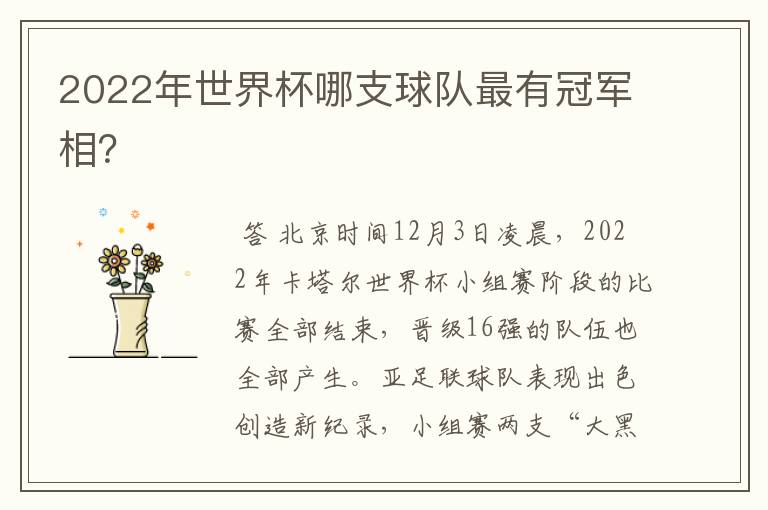 2022年世界杯哪支球队最有冠军相?
