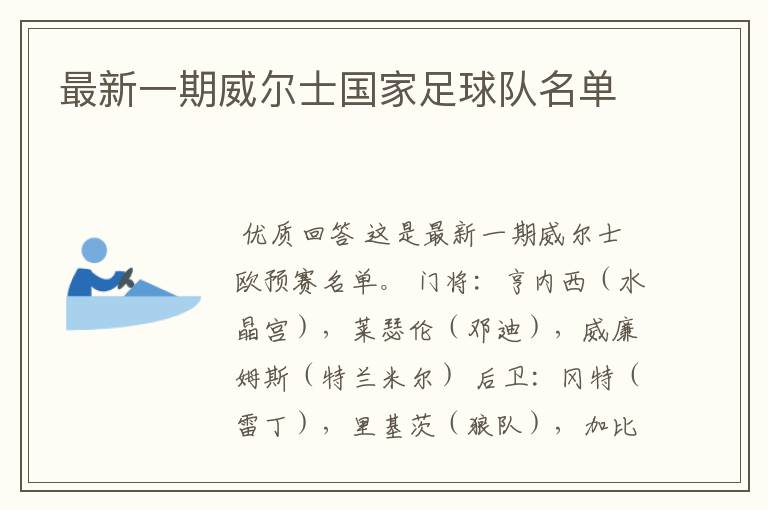 最新一期威尔士国家足球队名单