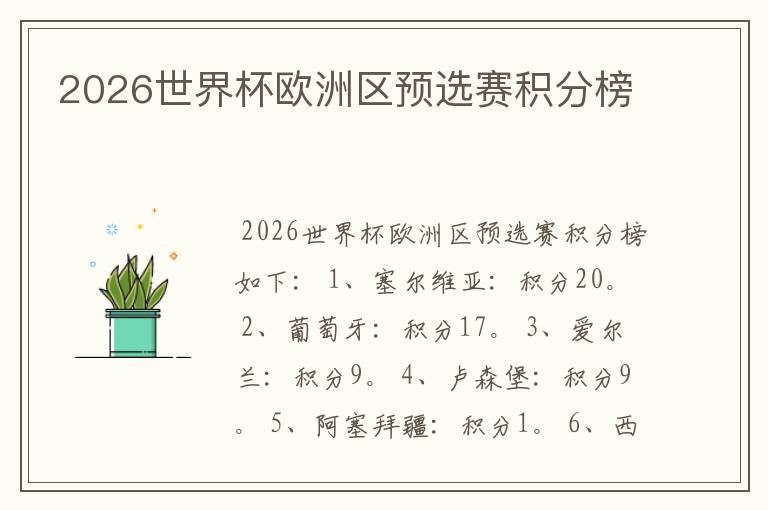 2026世界杯欧洲区预选赛积分榜