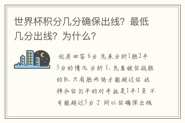 世界杯积分几分确保出线?最低几分出线?为什么?
