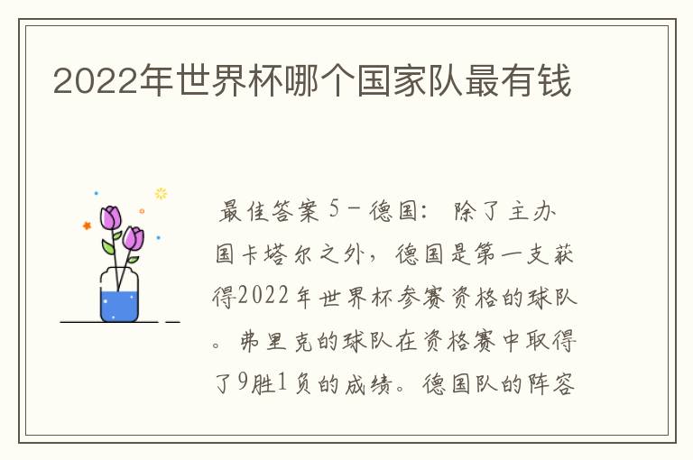 2022年世界杯哪个国家队最有钱