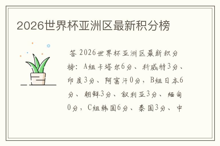 2026世界杯亚洲区最新积分榜