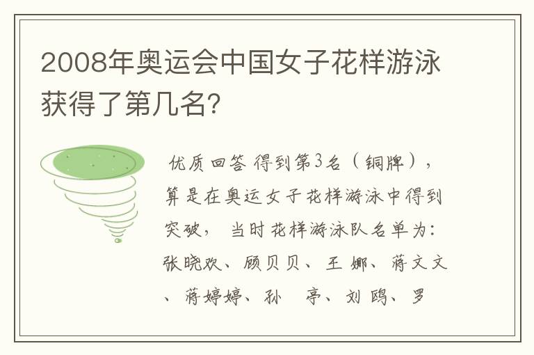 2008年奥运会中国女子花样游泳获得了第几名?
