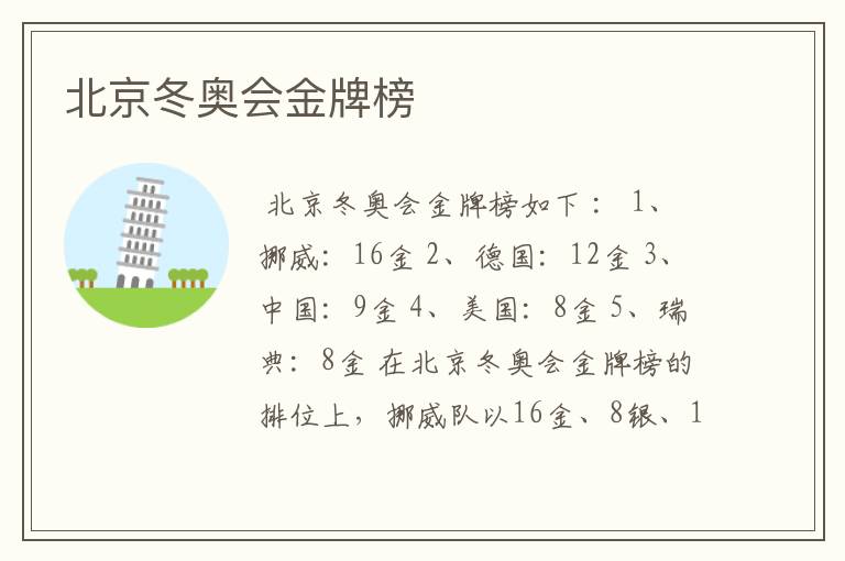 北京冬奥会金牌榜