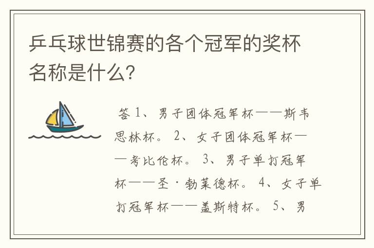 乒乓球世锦赛的各个冠军的奖杯名称是什么?