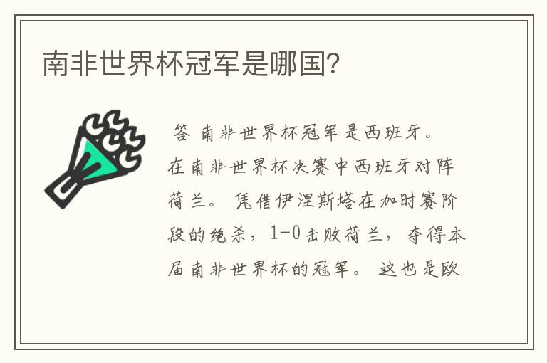 南非世界杯冠军是哪国?