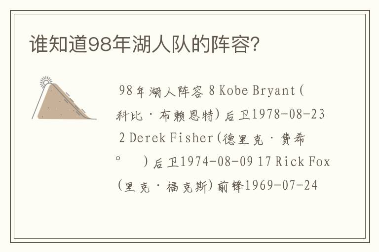 谁知道98年湖人队的阵容?
