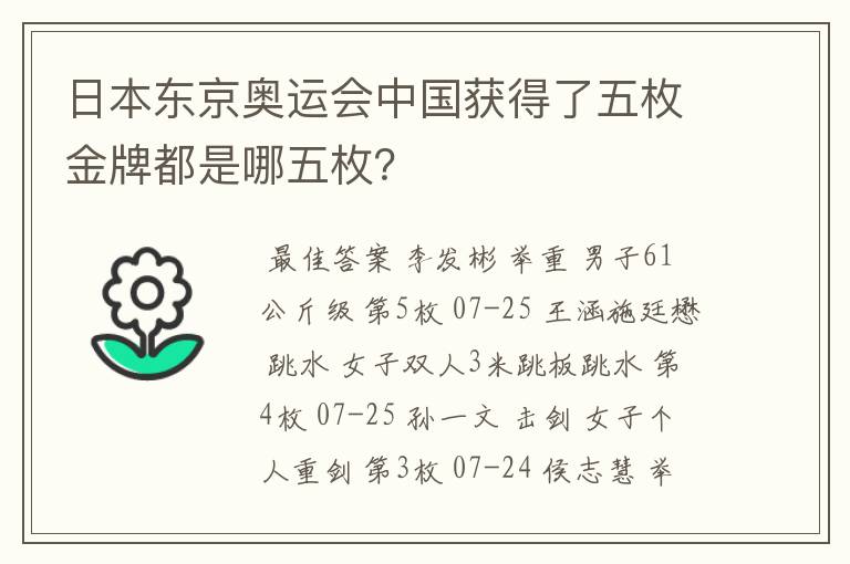 日本东京奥运会中国获得了五枚金牌都是哪五枚?
