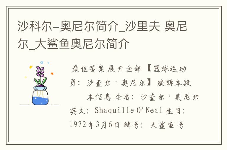 沙科尔-奥尼尔简介_沙里夫 奥尼尔_大鲨鱼奥尼尔简介