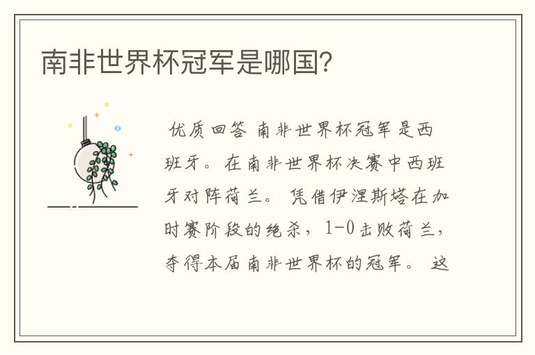 南非世界杯冠军是哪国?