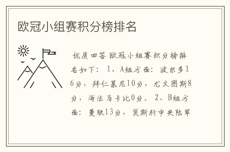 欧冠小组赛积分榜排名
