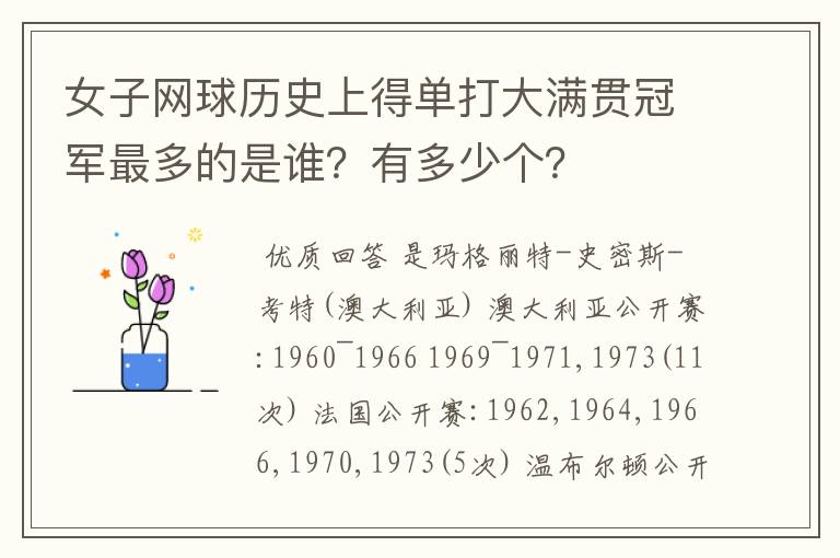 女子网球历史上得单打大满贯冠军最多的是谁?有多少个?