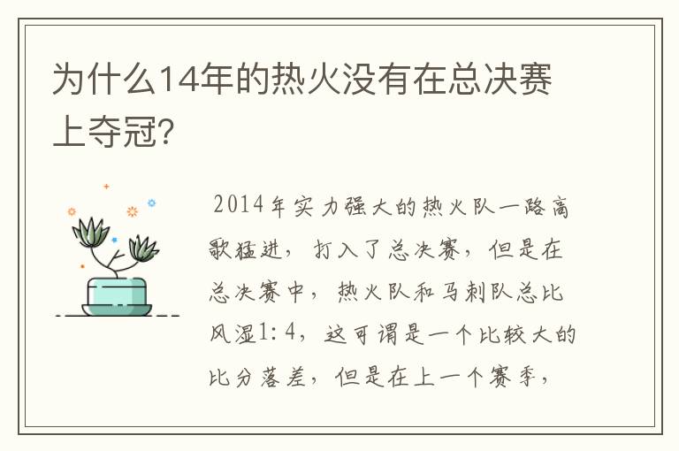 为什么14年的热火没有在总决赛上夺冠?