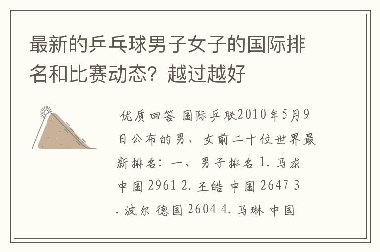 最新的乒乓球男子女子的国际排名和比赛动态?越过越好