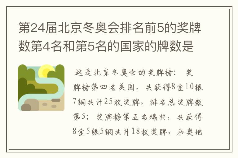 第24届北京冬奥会排名前5的奖牌数第4名和第5名的国家的牌数是多少?