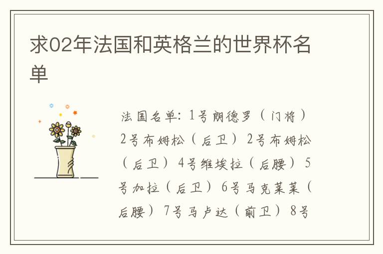 求02年法国和英格兰的世界杯名单