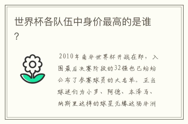 世界杯各队伍中身价最高的是谁?