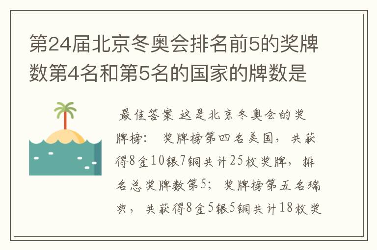 第24届北京冬奥会排名前5的奖牌数第4名和第5名的国家的牌数是多少?